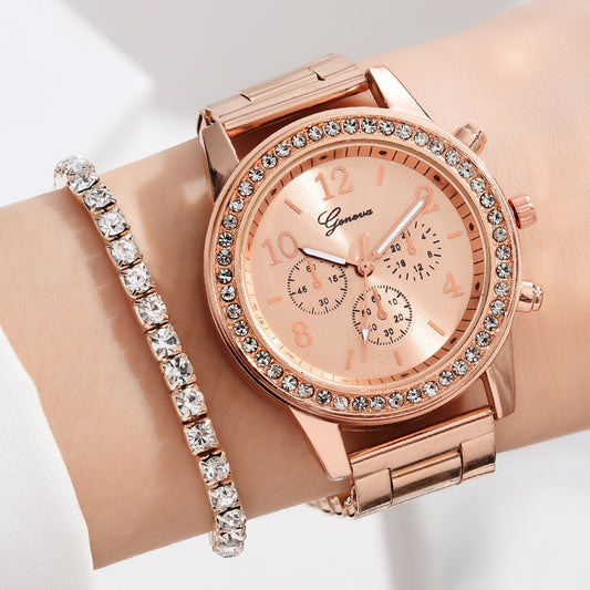 Reloj de cuarzo de tres ojos para mujer con incrustaciones de diamantes