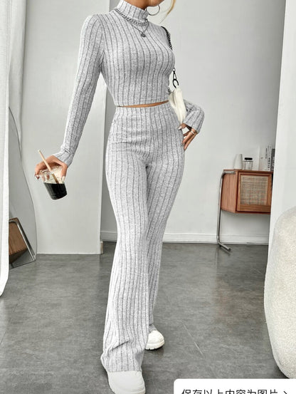 Ensemble Col Roulé Manches Longues et Pantalon Large Taille Haute
