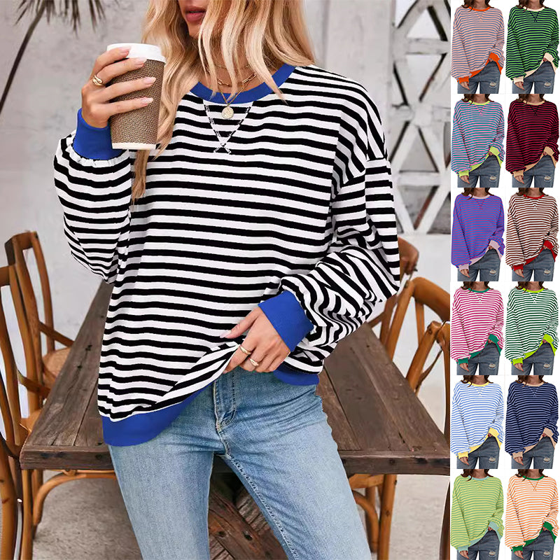 T-shirt ample à manches longues rayé, pull décontracté pour vêtements pour femmes