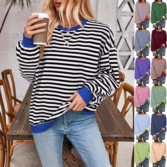 Camiseta de manga larga holgada a rayas, suéter informal para ropa de mujer