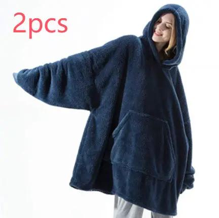 Hoodie wearable blanket by AdTec, navy fleece, oversized with large pocket, 2pcs