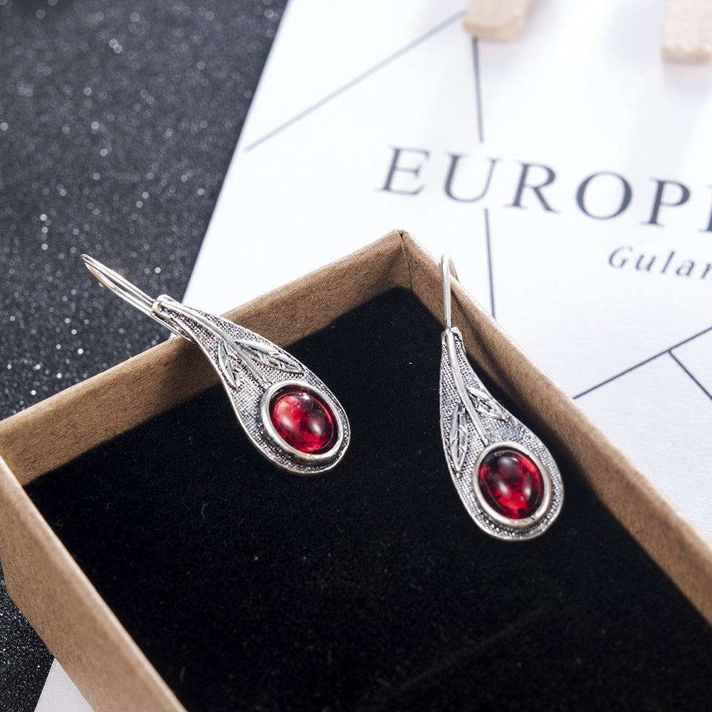 Boucles d'oreilles feuille vintage gemme rouge