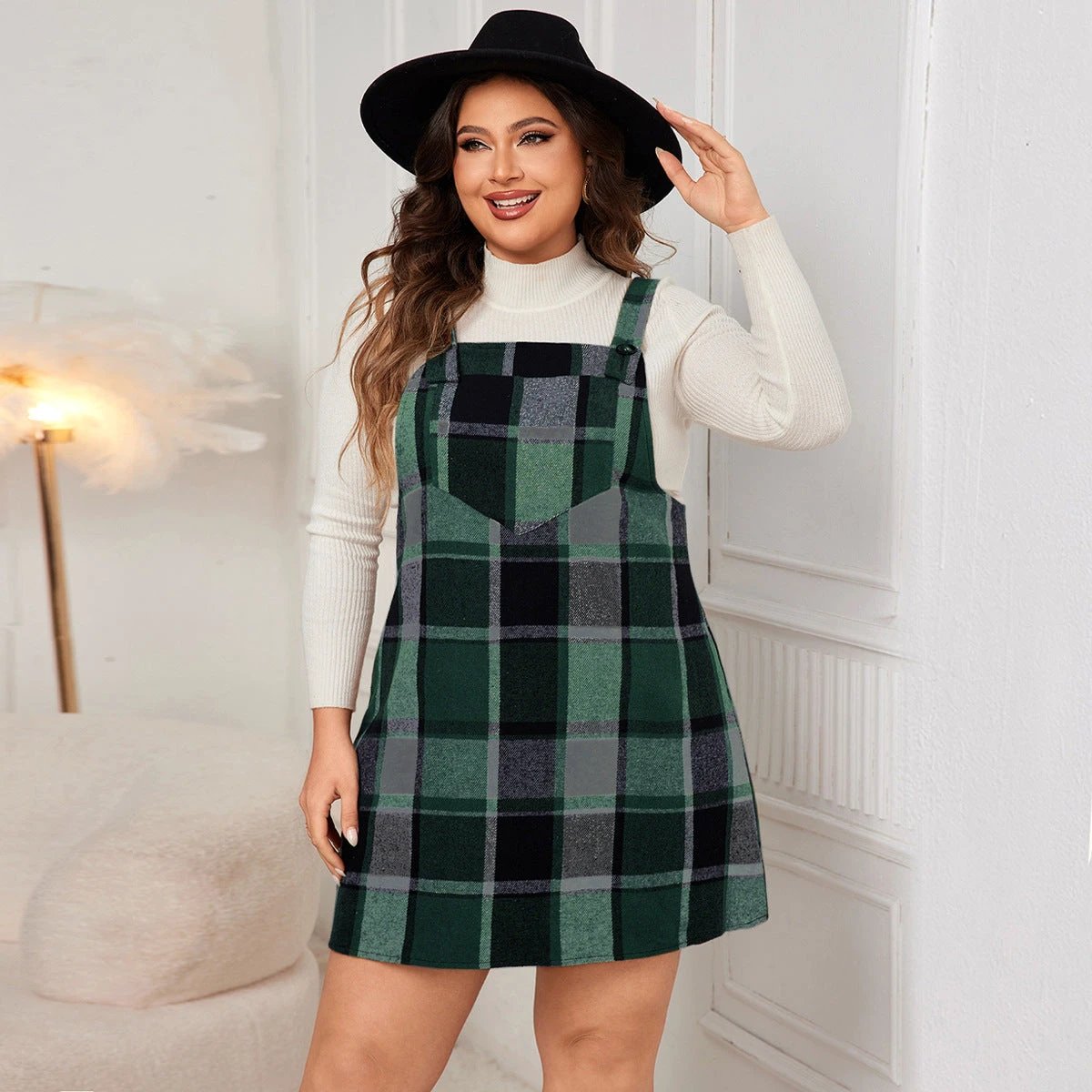 Oversized Fall Dresses For Women V Neck Plaid Sleeveless Wide Straps Casual Pockets Pinafore Mini Overall Bridesmaid Dresses by eprolo