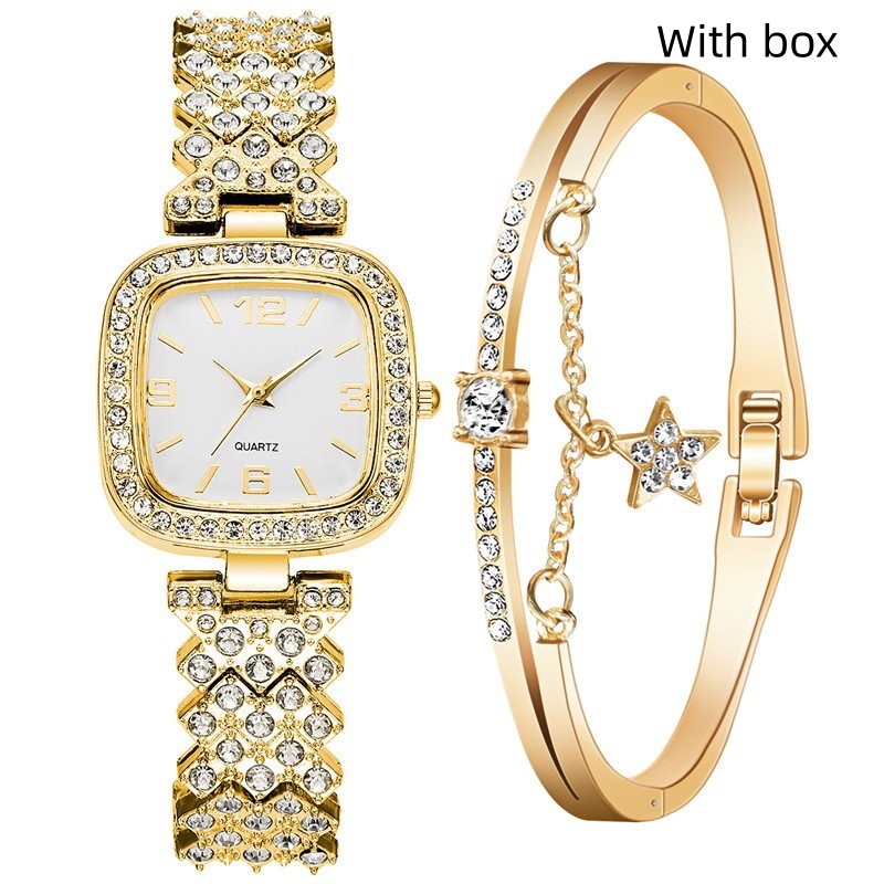 Juego de dos piezas de pulsera y reloj de diamante para mujer