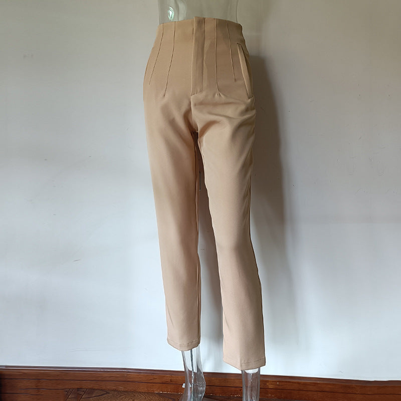 Pantalon plissé décontracté taille haute, couleur unie, coupe ajustée, basique