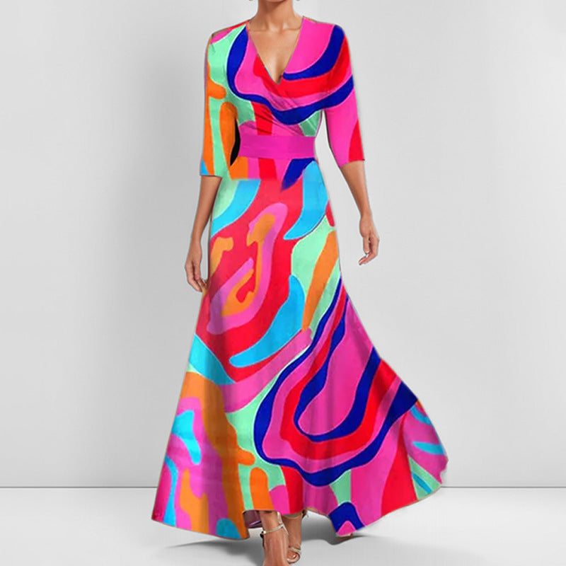 Vestido con estampado de moda, de media manga y cuello en V, de temperamento ajustado, con cintura ceñida para mujer