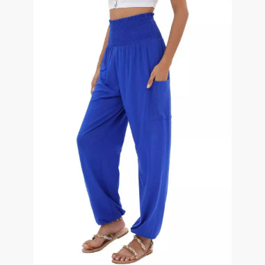 Pantalones casuales de talle alto y pierna ancha con cintura elástica