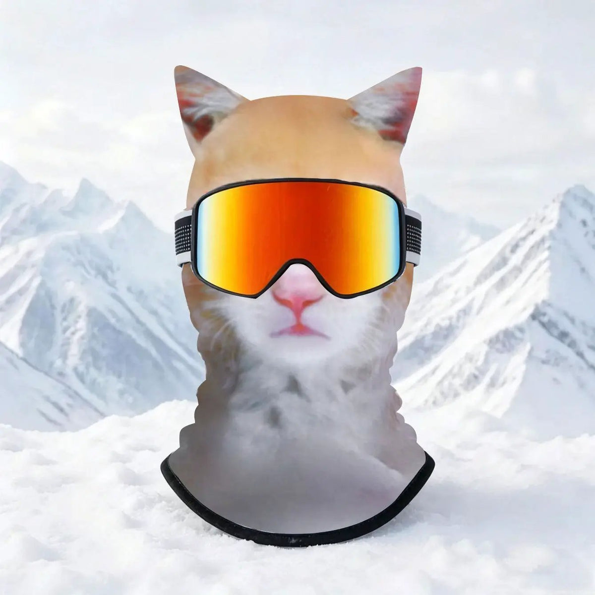Realistic winter ski balaclava with cat-ear hood and mirrored ski goggles