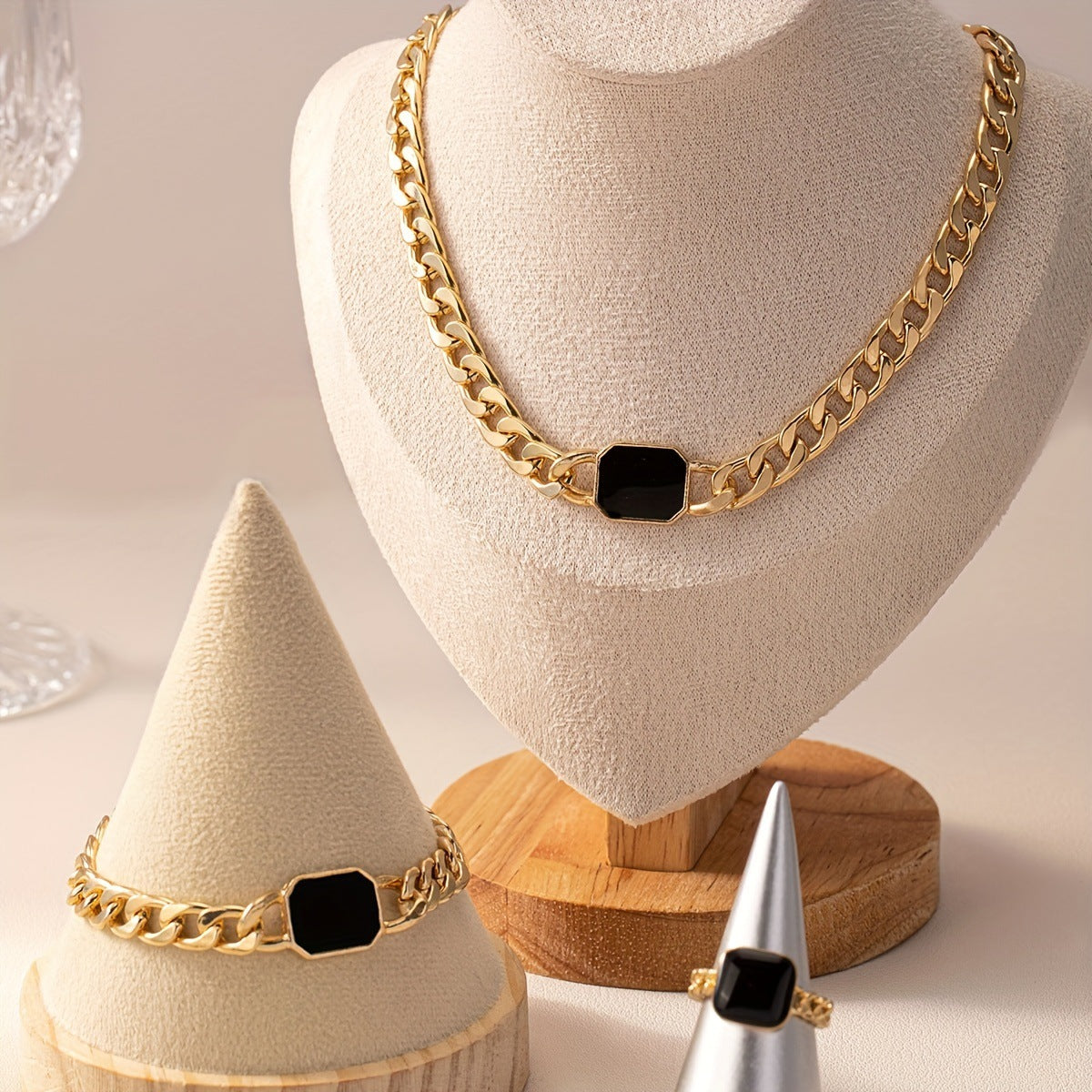 Parure de bijoux géométrique en forme de chaîne, collier, bracelet et bague