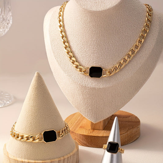 Geometric Square Chain Necklace Bracelet Ring Jewelry Set