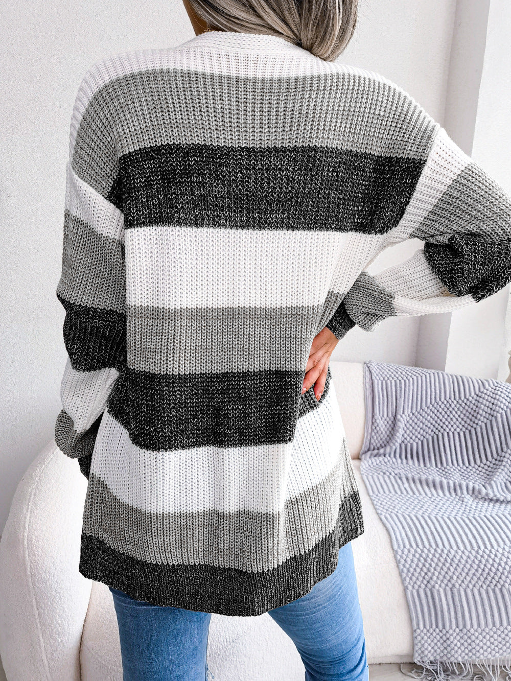Cardigan à carreaux pour femmes, décontracté, à manches lanternes, veste, vêtements d'extérieur