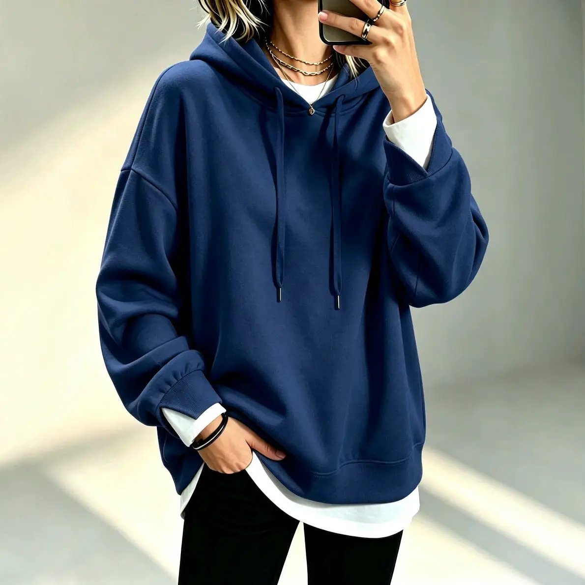 Plus-size navy blue hoodie, loose-fit long-sleeve with drawstring hood over white tee