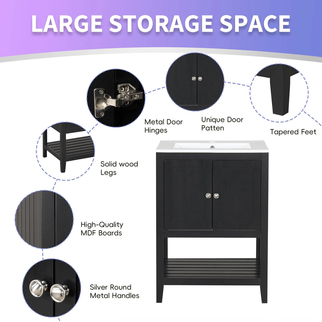24" Black Modern Sleek Bathroom Vanity Elegant Ceramic Sink with Solid Wood Frame Open Style Shelf by eprolo