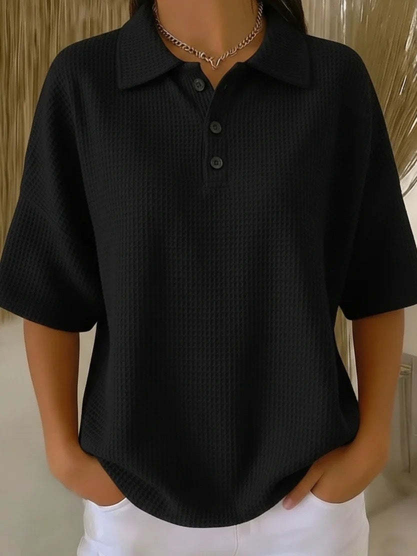 T-shirt boutonné en tricot gaufré à manches courtes, coupe pull, couleur unie