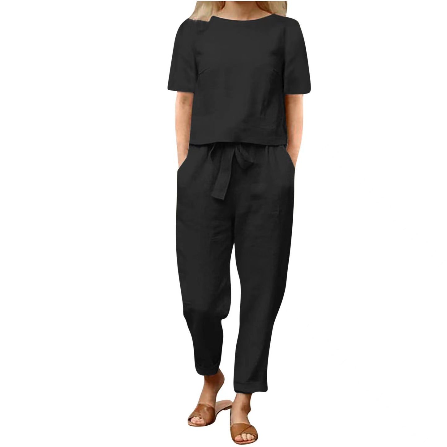 Ensemble pantalon large en coton et lin pour femme