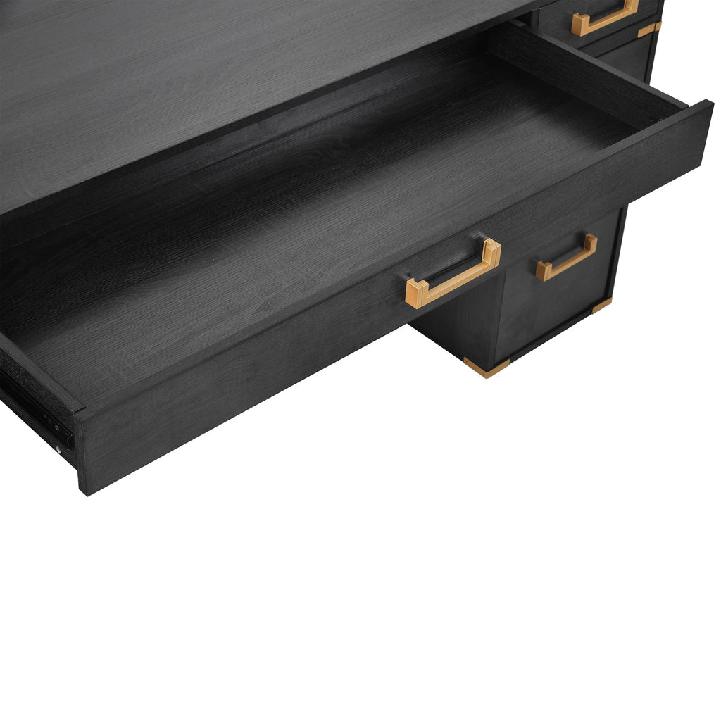 70 inch classic and traditional executive desk with metal trim, writing desk with 2 file drawers, USB ports, and sockets, black by eprolo