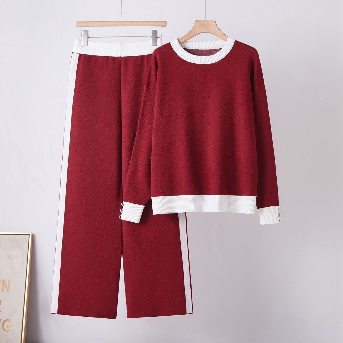 Round Neck Pocket Sweater  Loose Casual Wide-Leg Pants for Women