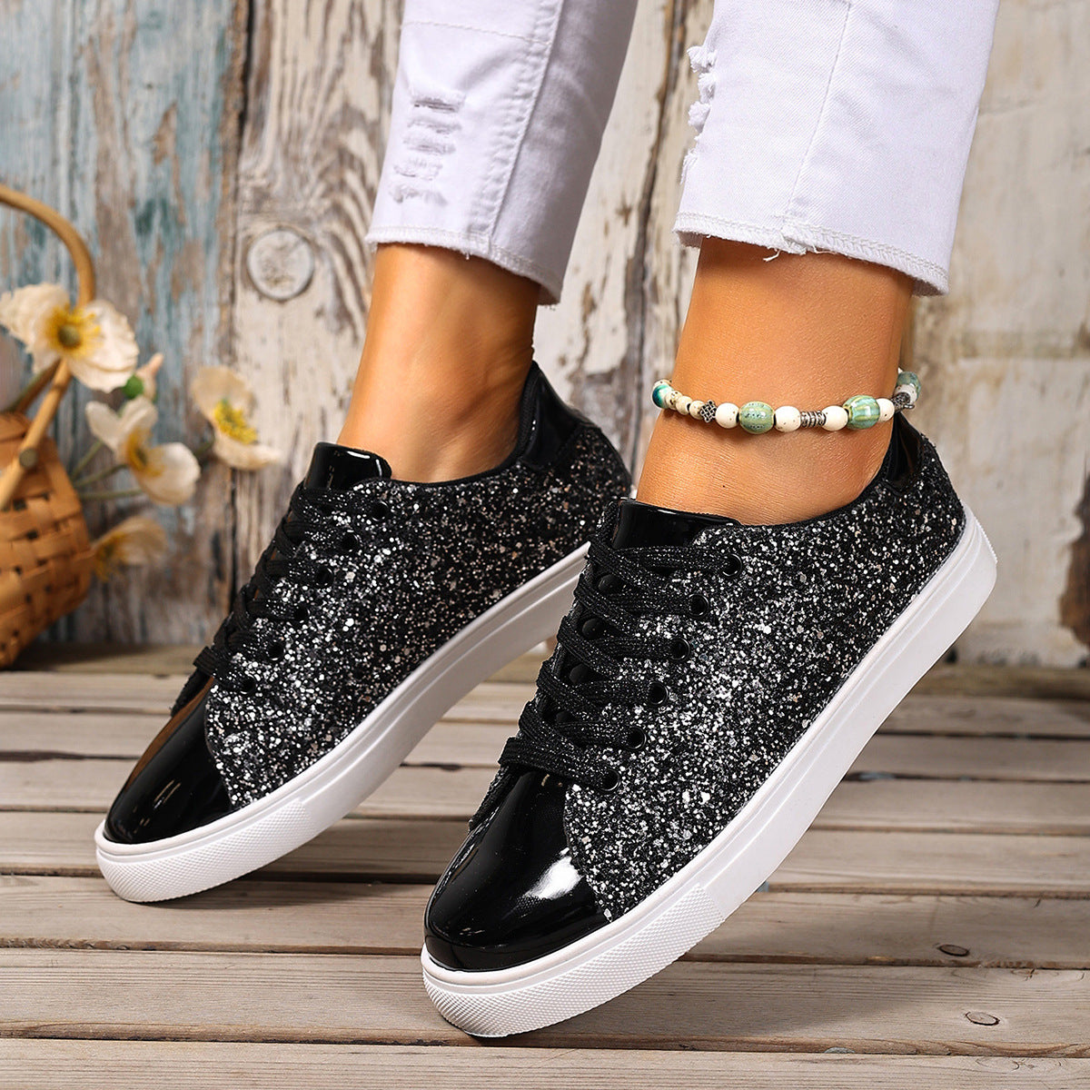 Zapatos de talla grande con cordones delanteros con lentejuelas de color liso