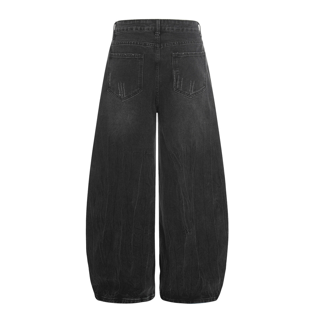 Jean large distressed à moustaches de chat, silhouette ample, coupe droite, polyvalent, longueur sol