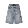 Handmade beaded washed denim shorts