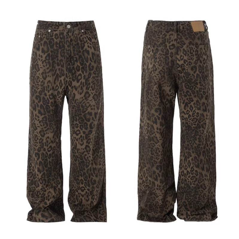 Pantalon décontracté coupe droite délavé imprimé léopard