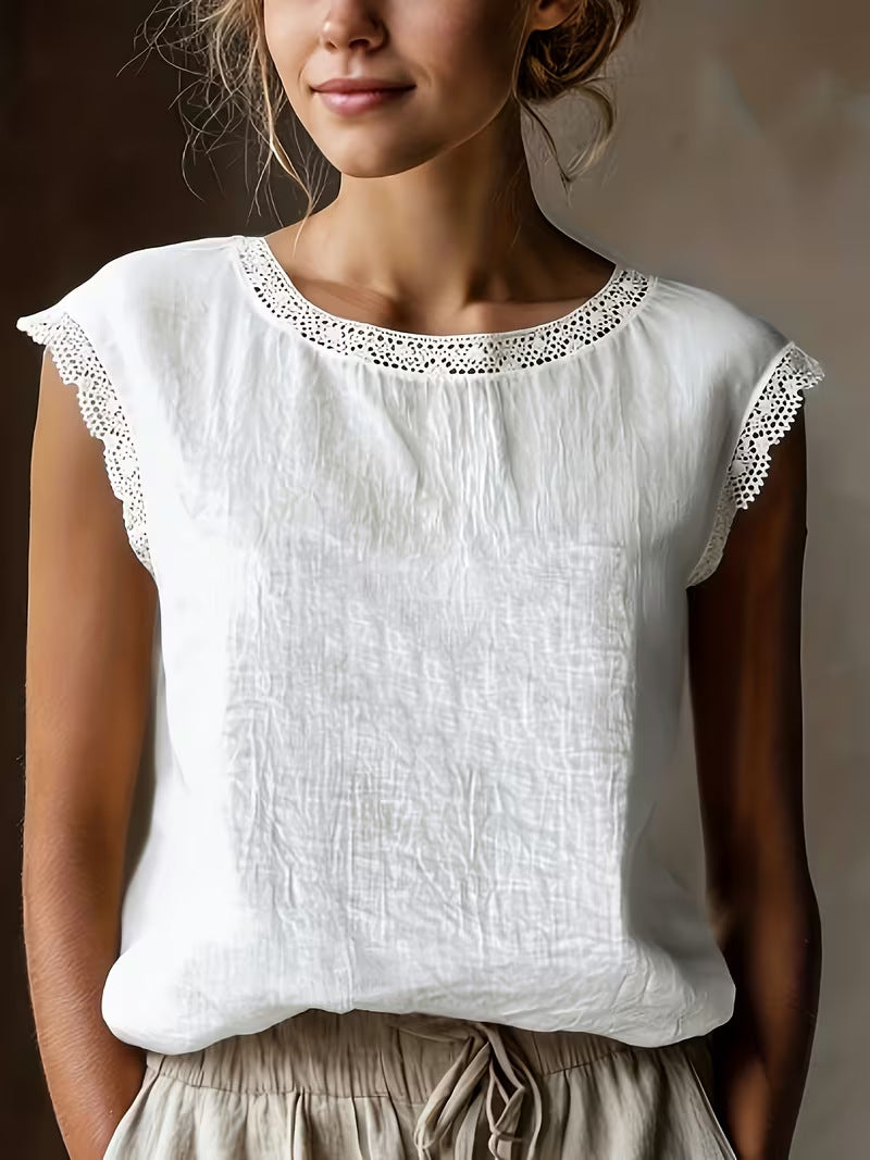 Loose Solid-Color Crew-Neck Lace Sleeveless Cotton-Linen Shirt