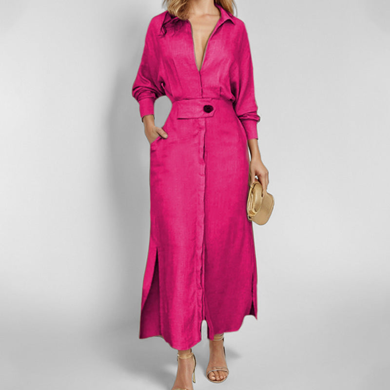 Robe chemise élégante à manches longues, unie et cintrée pour femme