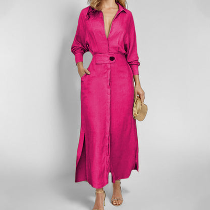 Robe chemise élégante à manches longues, unie et cintrée pour femme