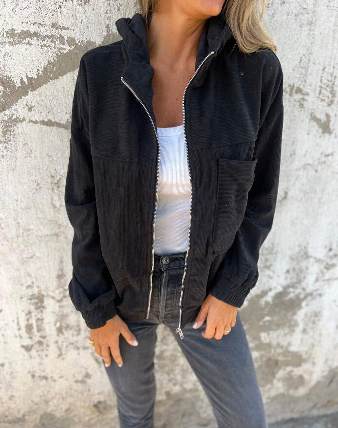 Chaqueta con capucha de pana lisa sencilla para mujer