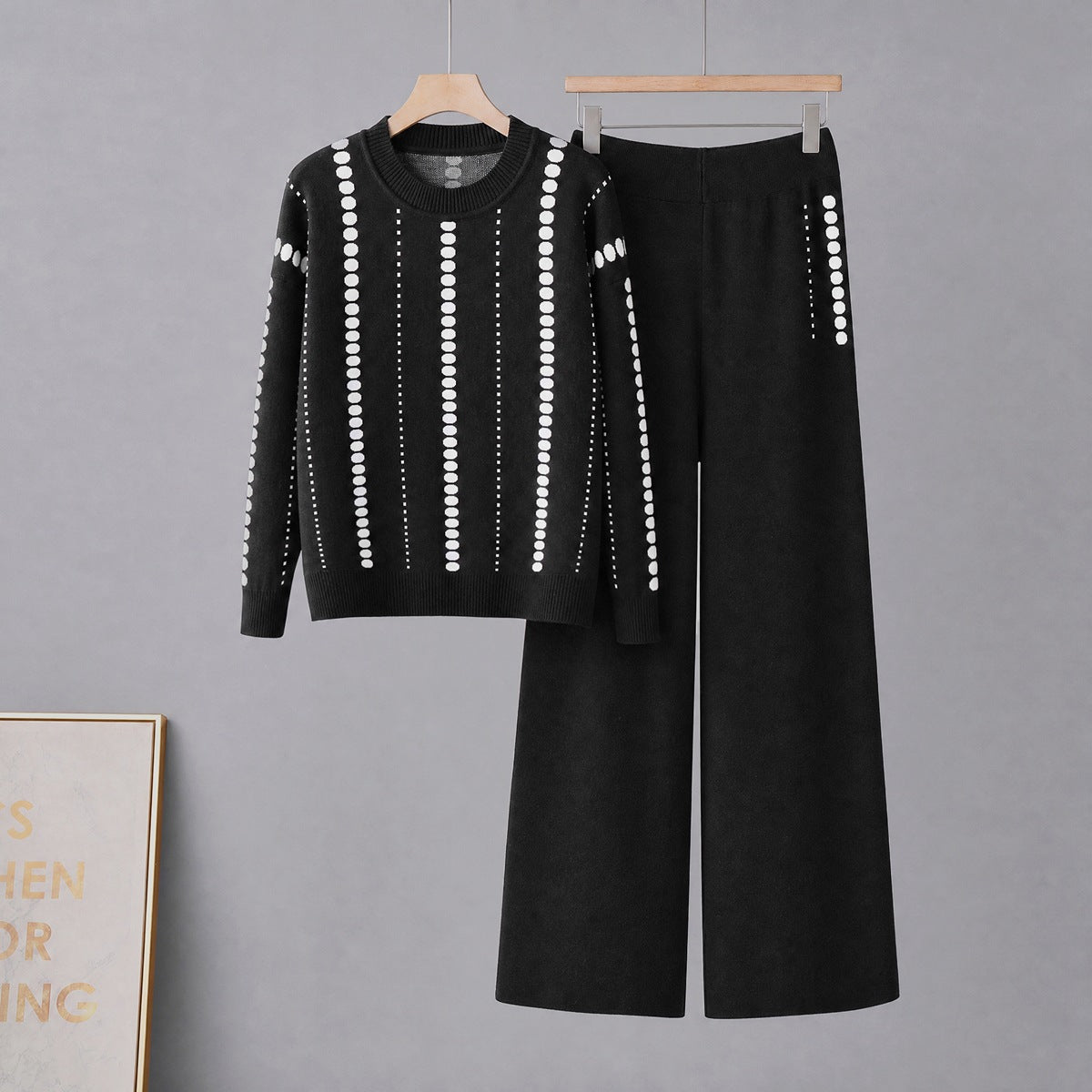 Suéter de cuello redondo con bolsillo y pantalón ancho informal para mujer