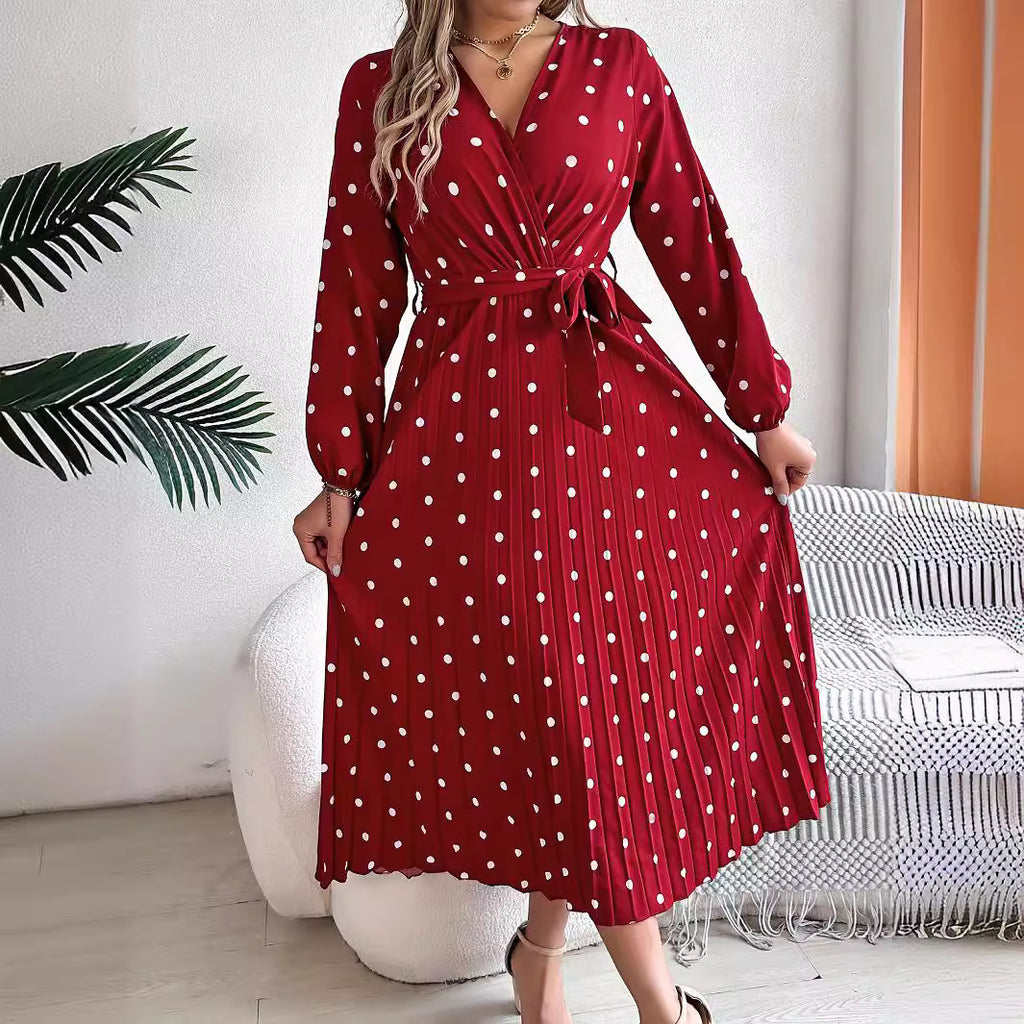 Vestido largo elegante primavera-verano con cuello en V cruzado, lunares en contraste, manga larga y plisado, para damas de honor