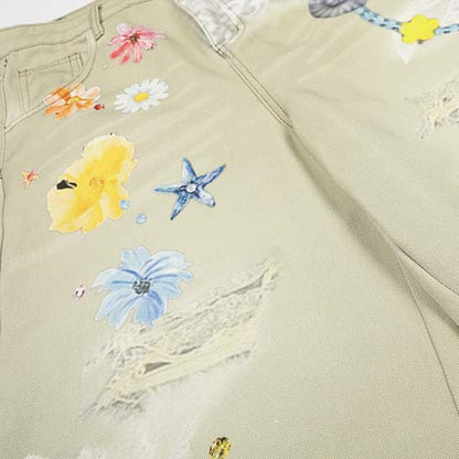 Flower Hanging Decoration 3D Digital Printing Washed Denim Cropped Pants