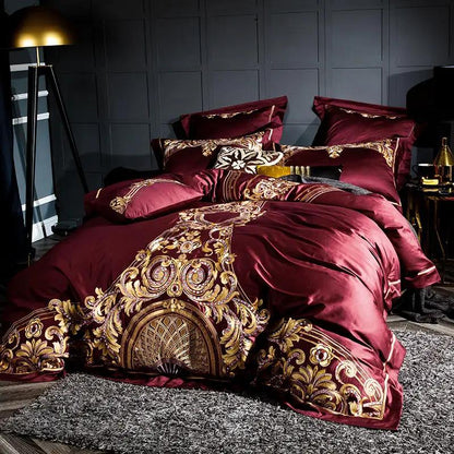 Embroidered Chinese cotton quilt cover bedding by AdTec, burgundy with ornate gold embroidery.