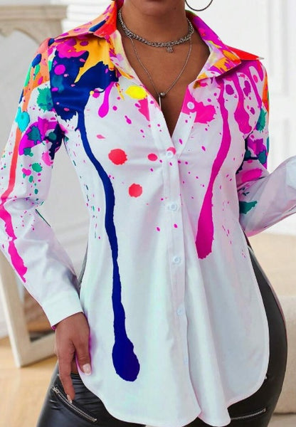 Chemise à manches longues fendue sur le côté, imprimée à l'encre, pour le printemps et l'automne