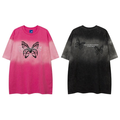 Chemise à manches courtes brodée papillon dégradé vieilli