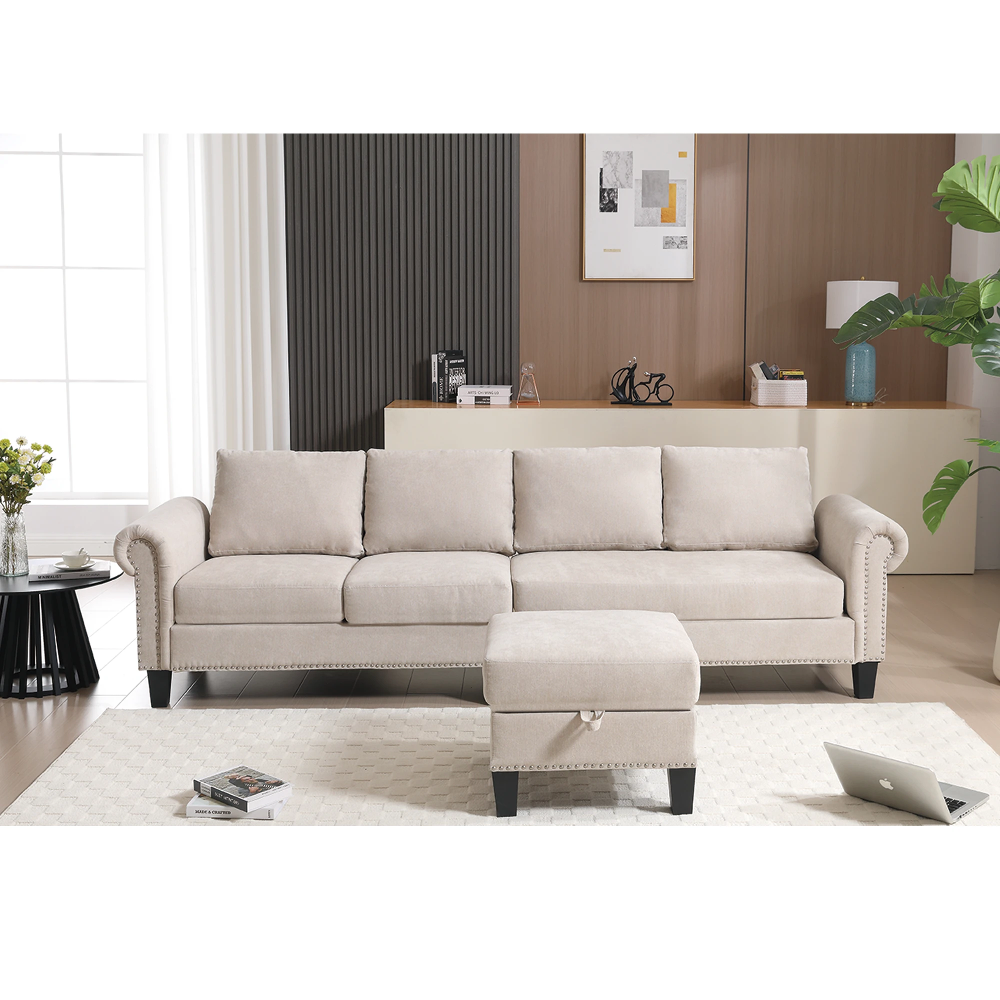 Convertible Sectional Sofa with Storage,L-shaped sofa,Four-seater sofa,Modern Linen Fabric Sectional Couches Beige by eprolo