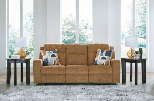 Kanlow Fabric Reclining Sofa Honey Color with Accent Pillows-1