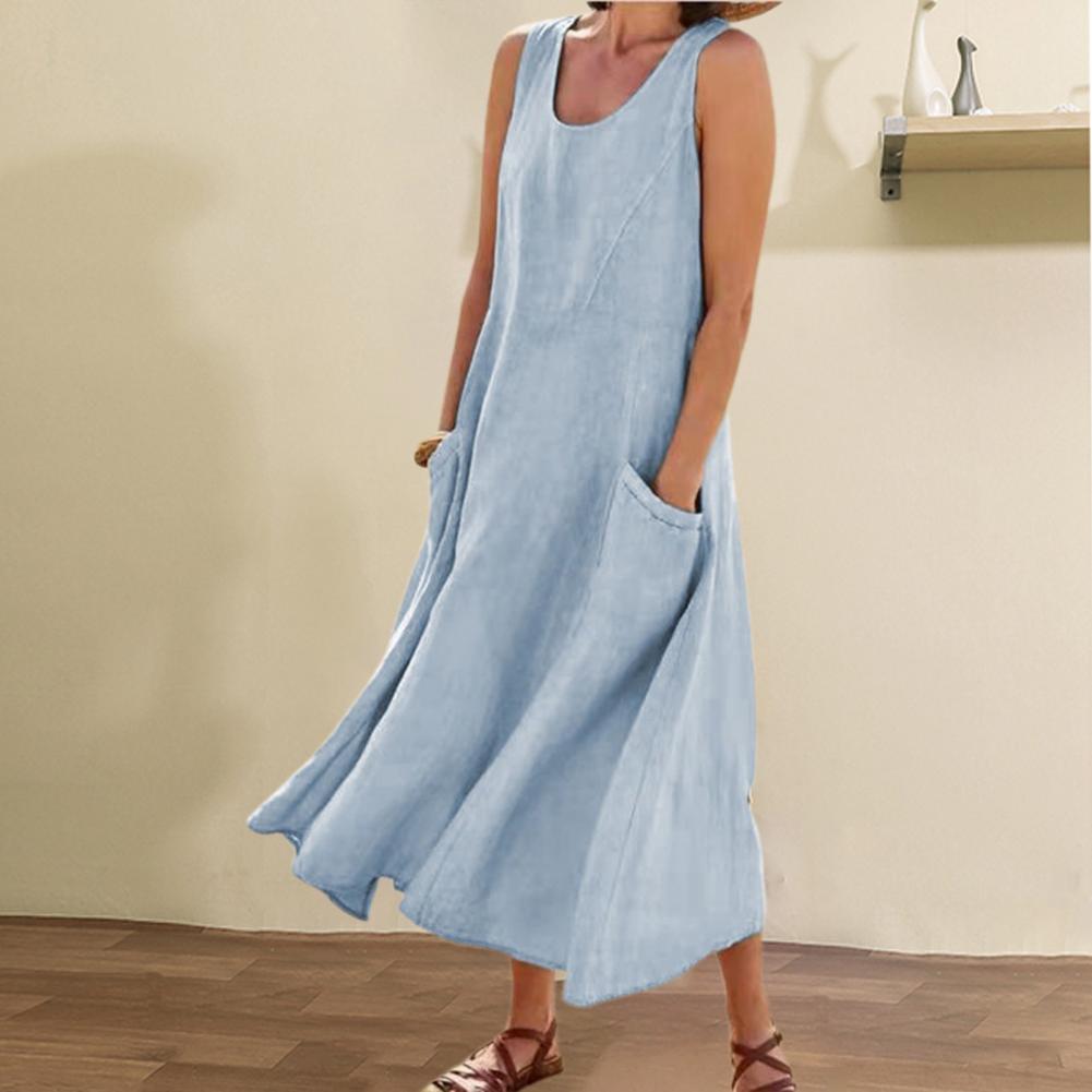 Vestido Largo de Verano sin Mangas con Bolsillos, Vestidos Casuales Sueltos de Moda, Ropa de Mujer