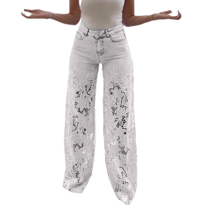 Jeans en jean patchwork tendance pour femmes avec détails en dentelle ajourée