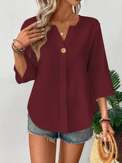 Chemise décontractée unie ample avec petit col en V et boutons