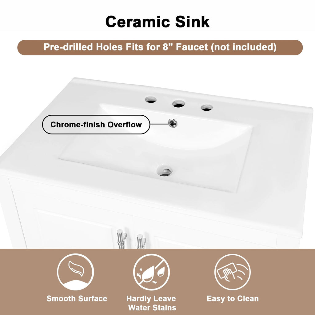 30" Bathroom Vanity with Sink Multi-functional Bathroom Cabinet with Doors and Drawers Solid Frame and MDF Board, White by eprolo