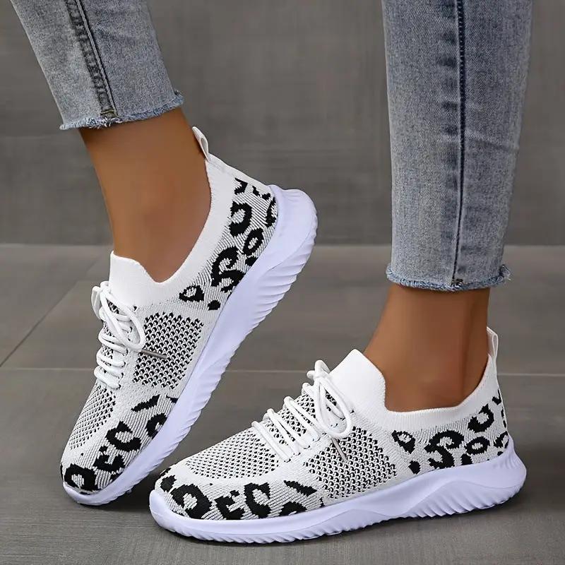 White leopard-print lace-up sneakers for women with knit mesh upper