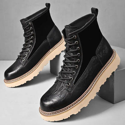 Trend British Style Premium Leather Heritage Work Boots by AdTec, black leather ankle boots with beige lug sole