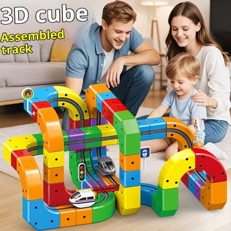Petits jouets de blocs de construction électriques assemblés en forme de cube de voie ferrée