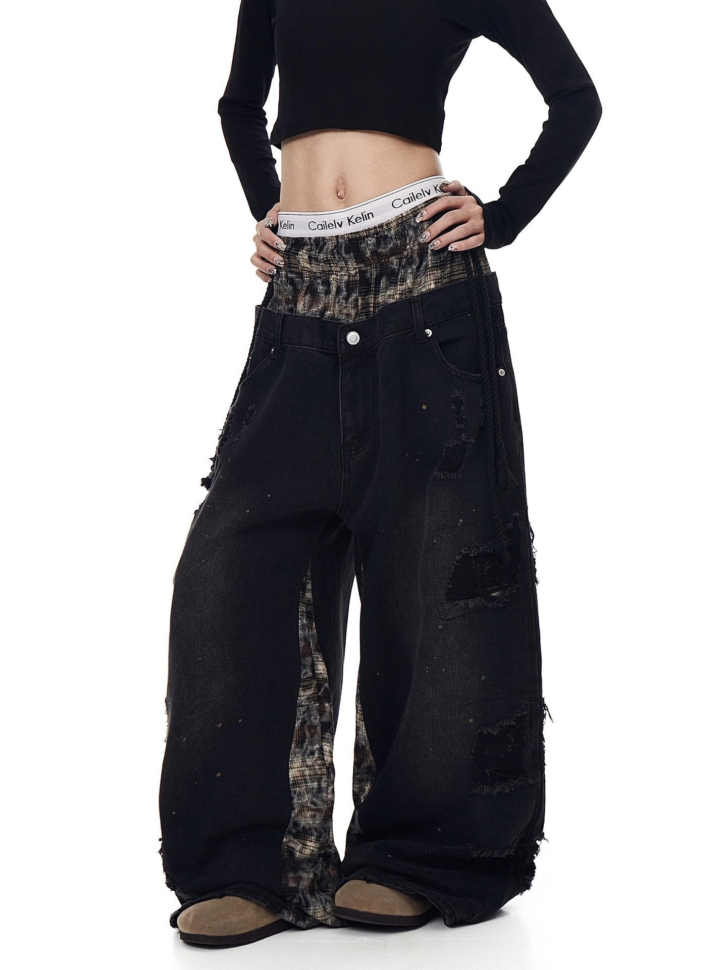 Vaqueros de mezclilla retro rotos de pierna ancha para mujer