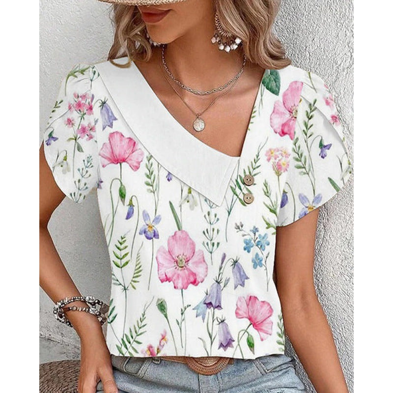 Camiseta de manga corta con cuello diagonal informal