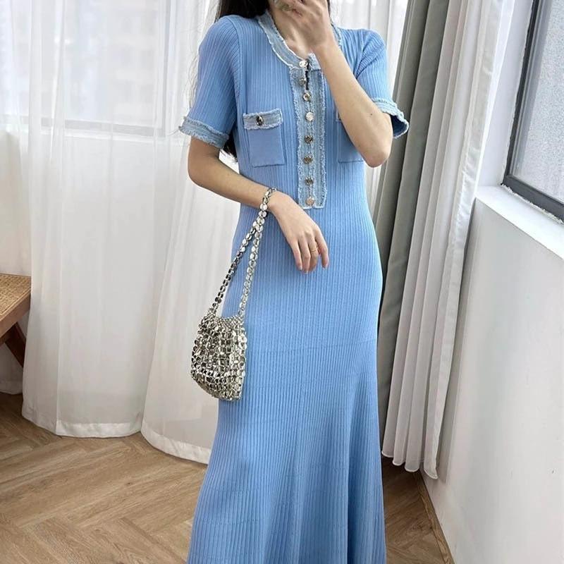 Long Sleeve Knit Dress with V-Neck, Fitted Waist, Denim Ribbed Pattern by eprolo