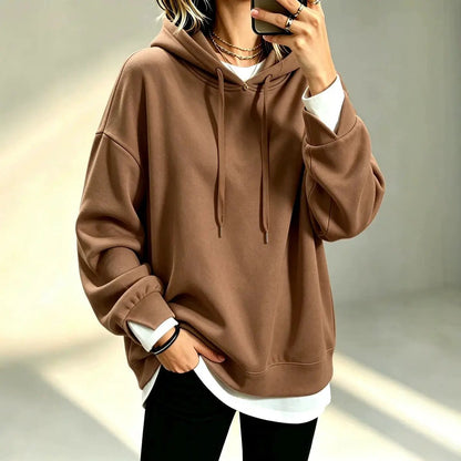 Plus-size loose-fit long-sleeve hoodie with drawstrings in taupe brown by AdTec