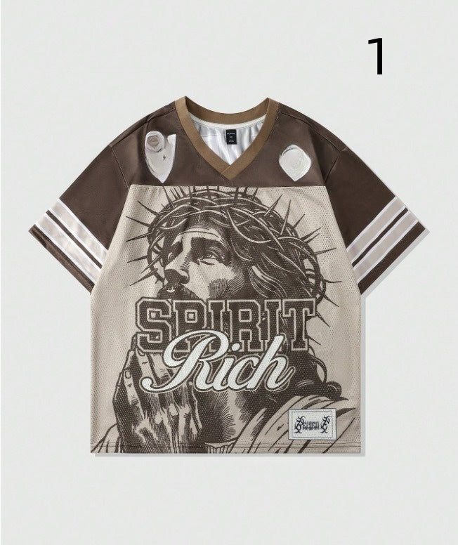 T-shirt rétro avec lettre en polyester, maille style américain rétro