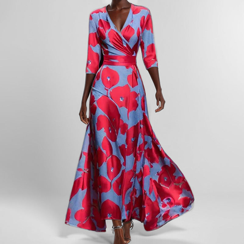 Vestido con estampado de moda, de media manga y cuello en V, de temperamento ajustado, con cintura ceñida para mujer